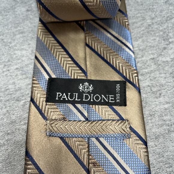 Paul Dione Men's 100% Silk Neck Tie Repp Stripe 3.5"-60" Beige/Blue Classic - Picture 2 of 5